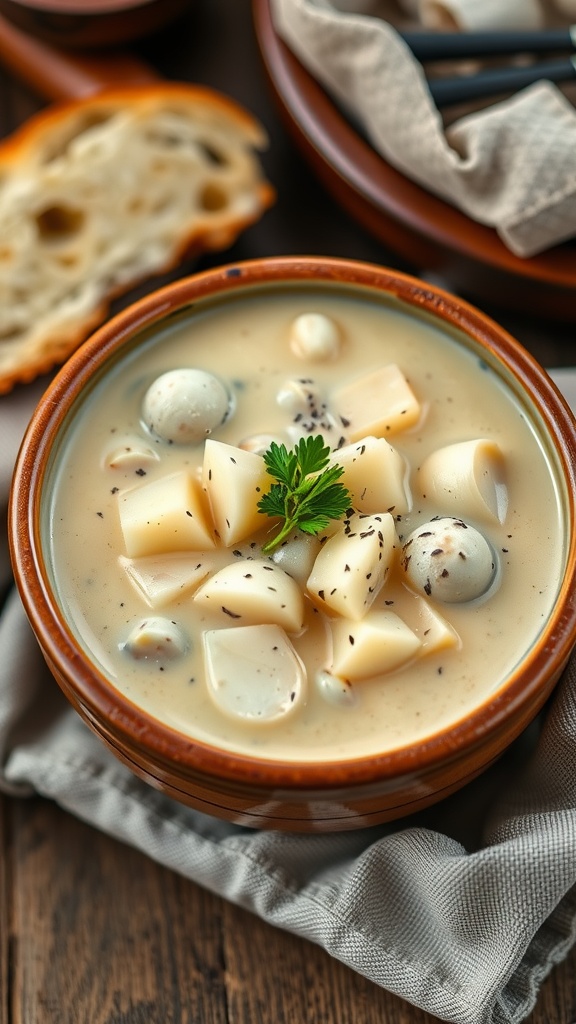 A bowl of creamy clam chowder with clams and potatoes, garnished with parsley, beside a slice of crusty bread.